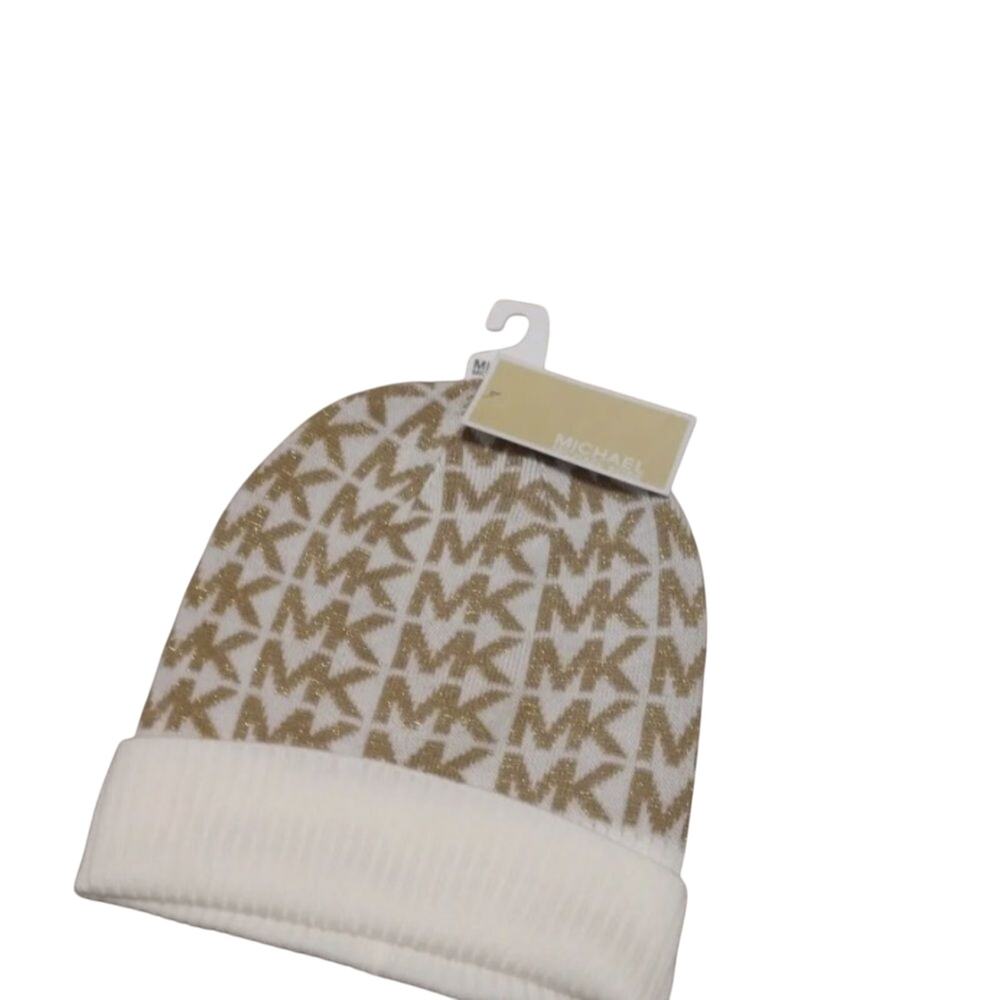 MICHAEL KORS Monogram Beanie Hat and Gloves in Cream and Tan, New with Tag - Picture 3 of 8